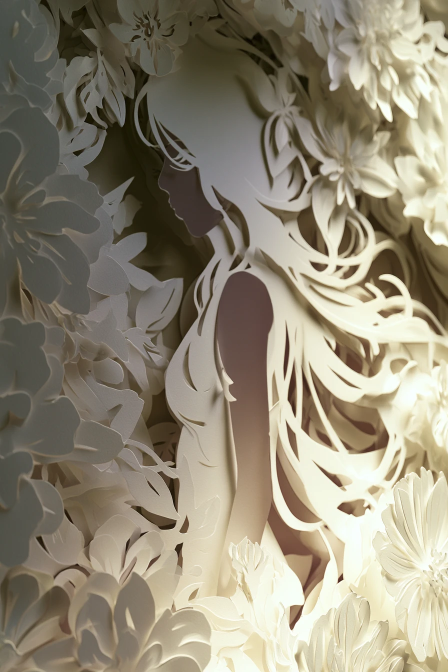 Caixa de sombra em papel recortado em camadas com silhueta feminina floral