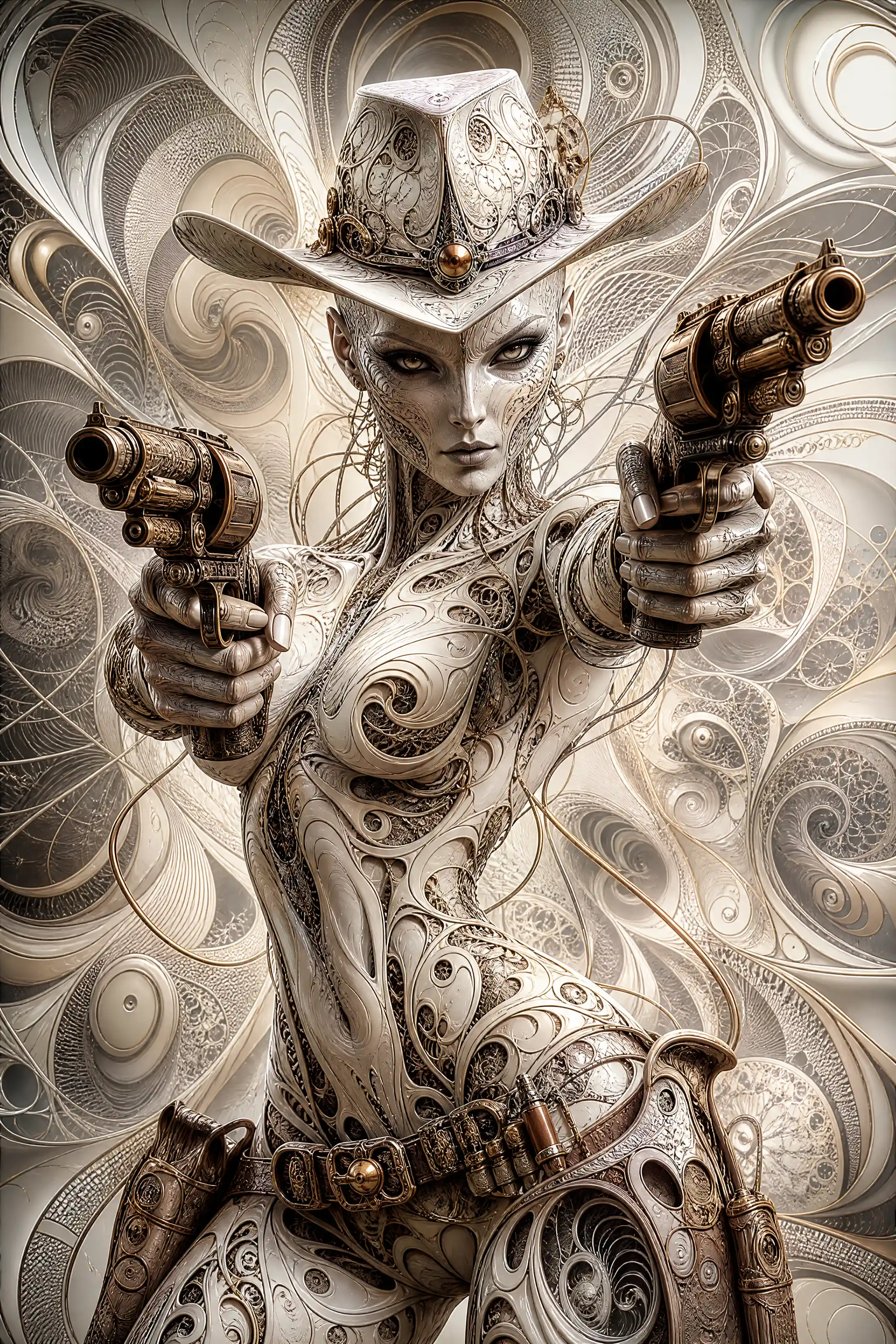Futuristic fractal cowgirl warrior with dual pistols