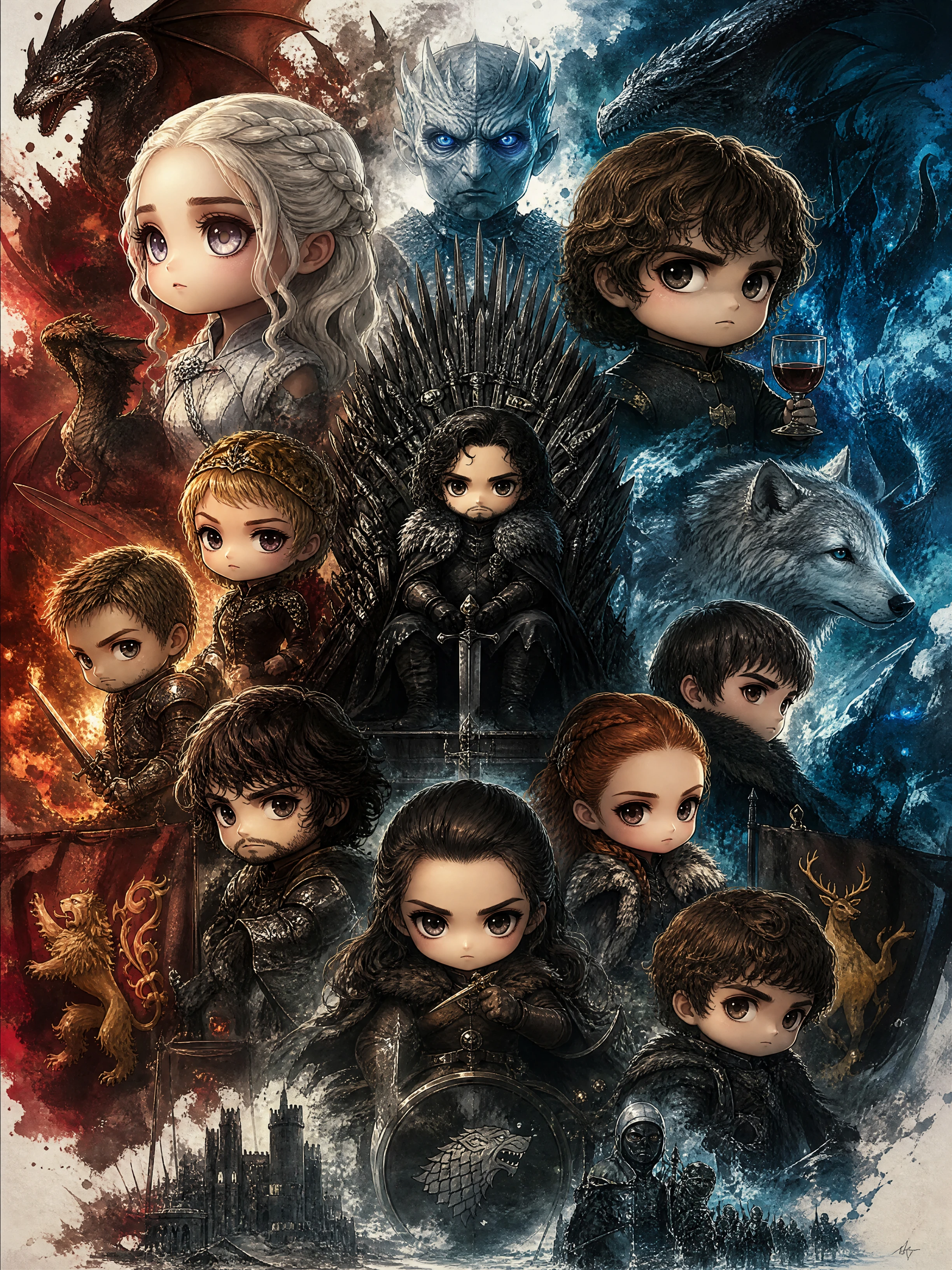 Personajes chibi de fantasía épica en ilustración digital dramática