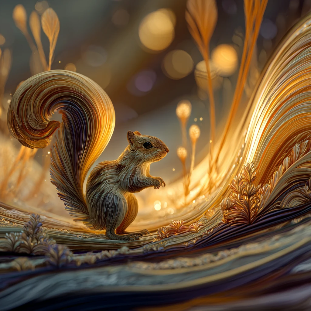 Esquilo fantasioso em uma floresta dourada e luminosa de fantasia