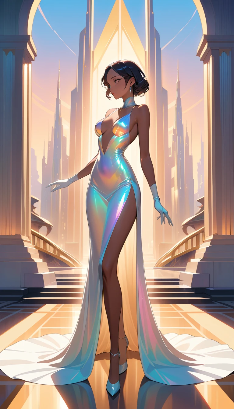 Mulher elegante em vestido de seda diante do horizonte de cidade futurista