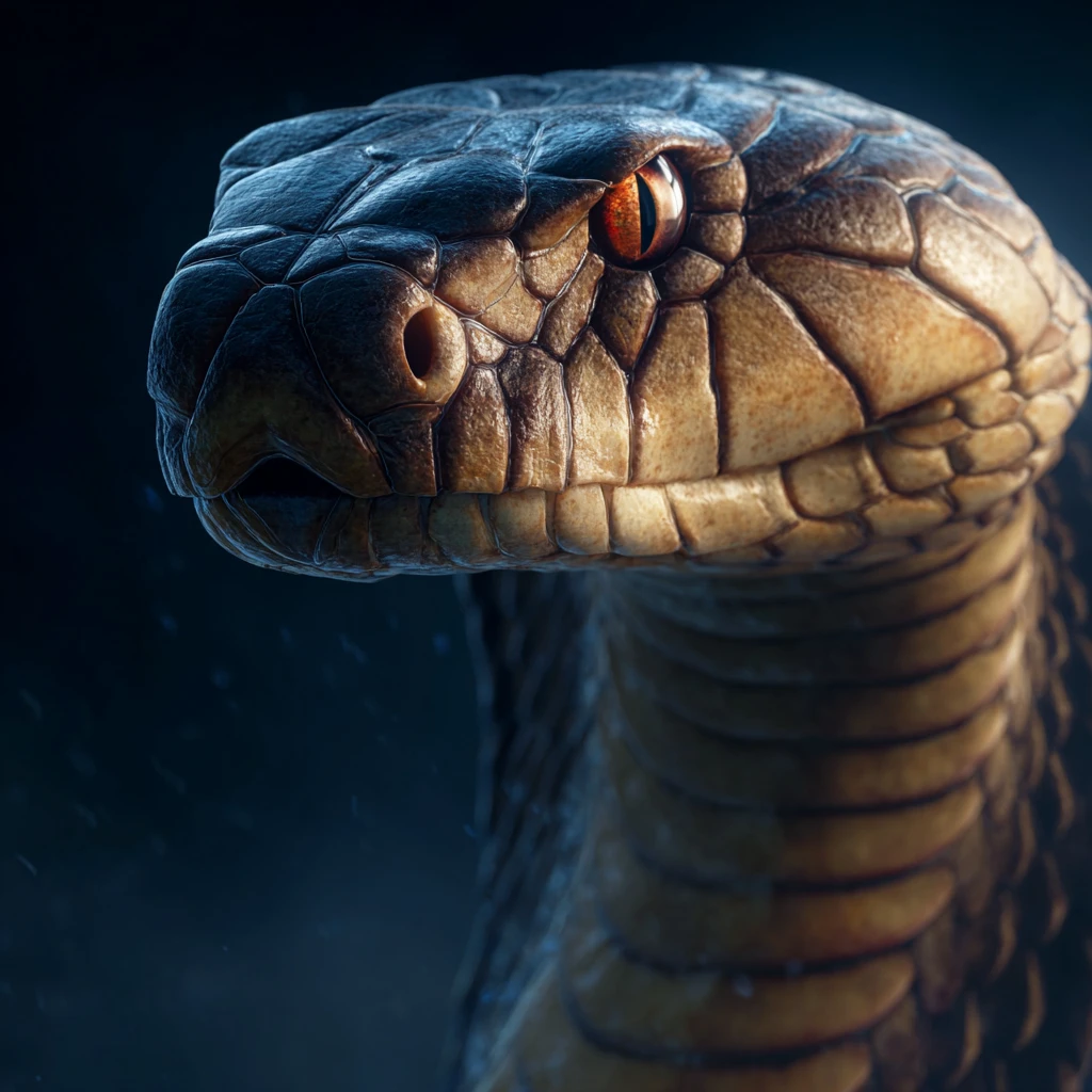 Retrato cinematográfico em close de uma majestosa cobra-rei