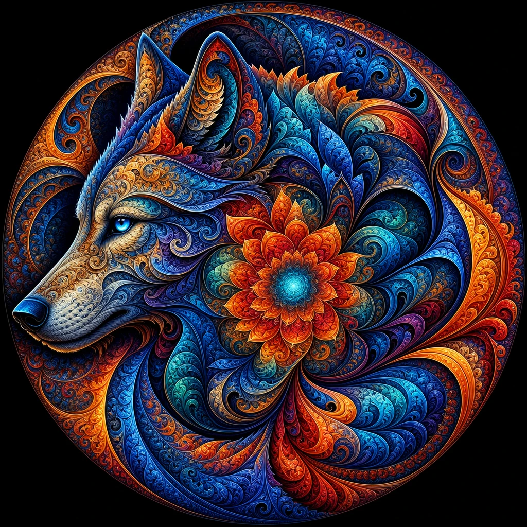 Cabeça de lobo fractal psicodélica em movimento circular brilhante