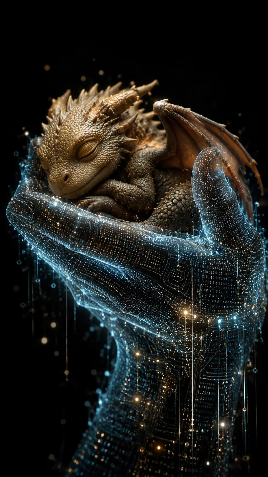 Digital Hand Cradling A Sleeping Baby Dragon Portrait