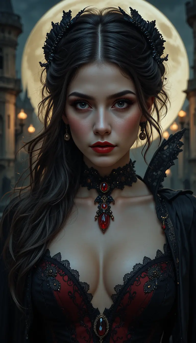 Ethereal gothic vampire woman in a moonlit castle