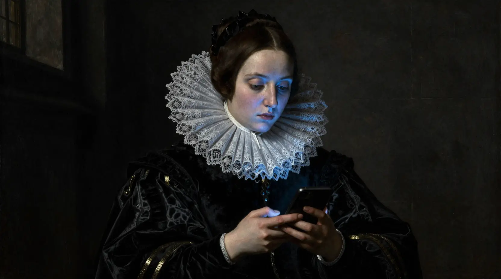 Portrait de femme de style Renaissance éclairé par un smartphone