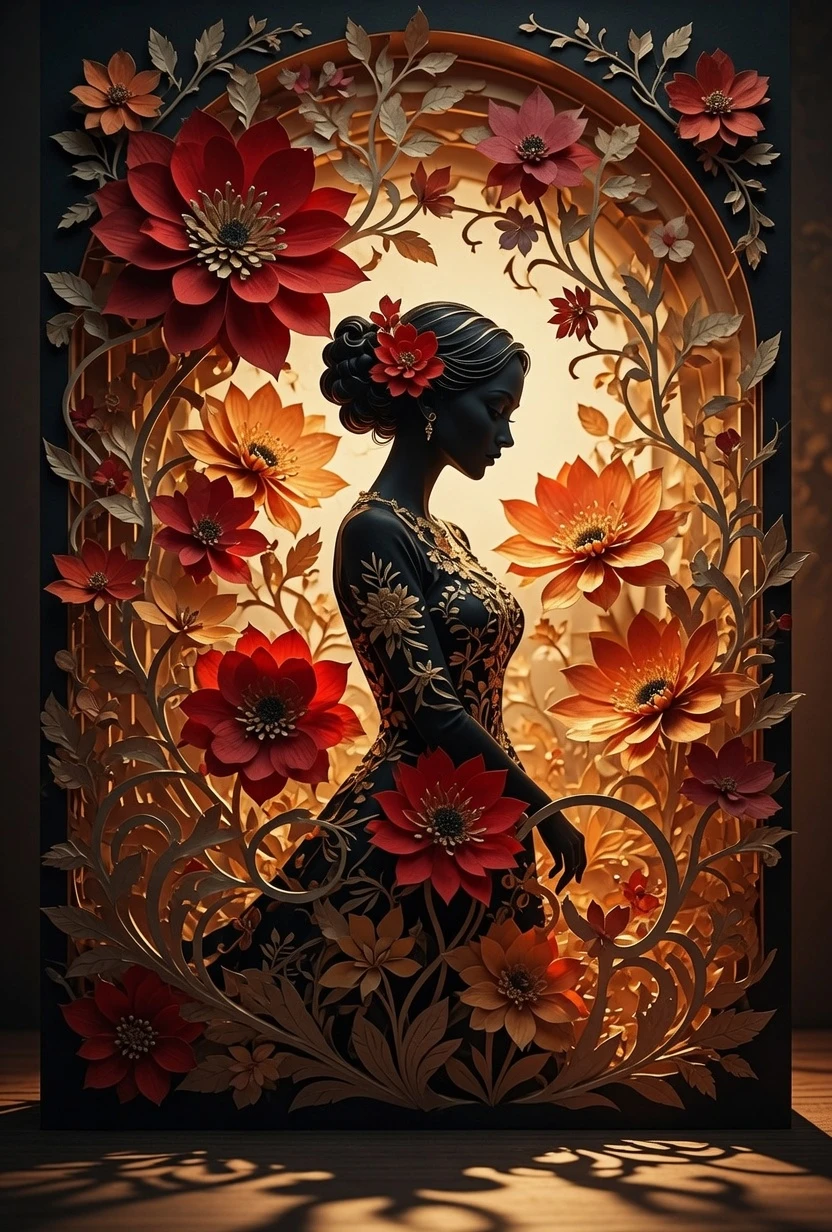 Caixa de sombra em papel recortado em camadas com mulher floral elegante