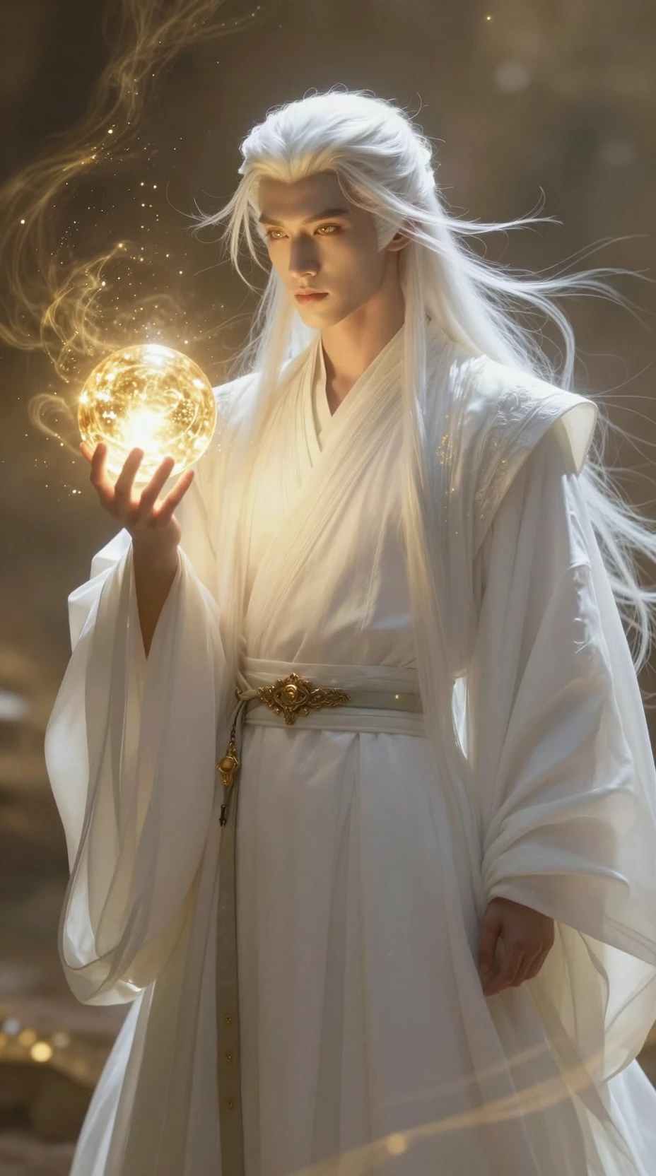 Mage mystique aux cheveux blancs tenant un orbe doré lumineux