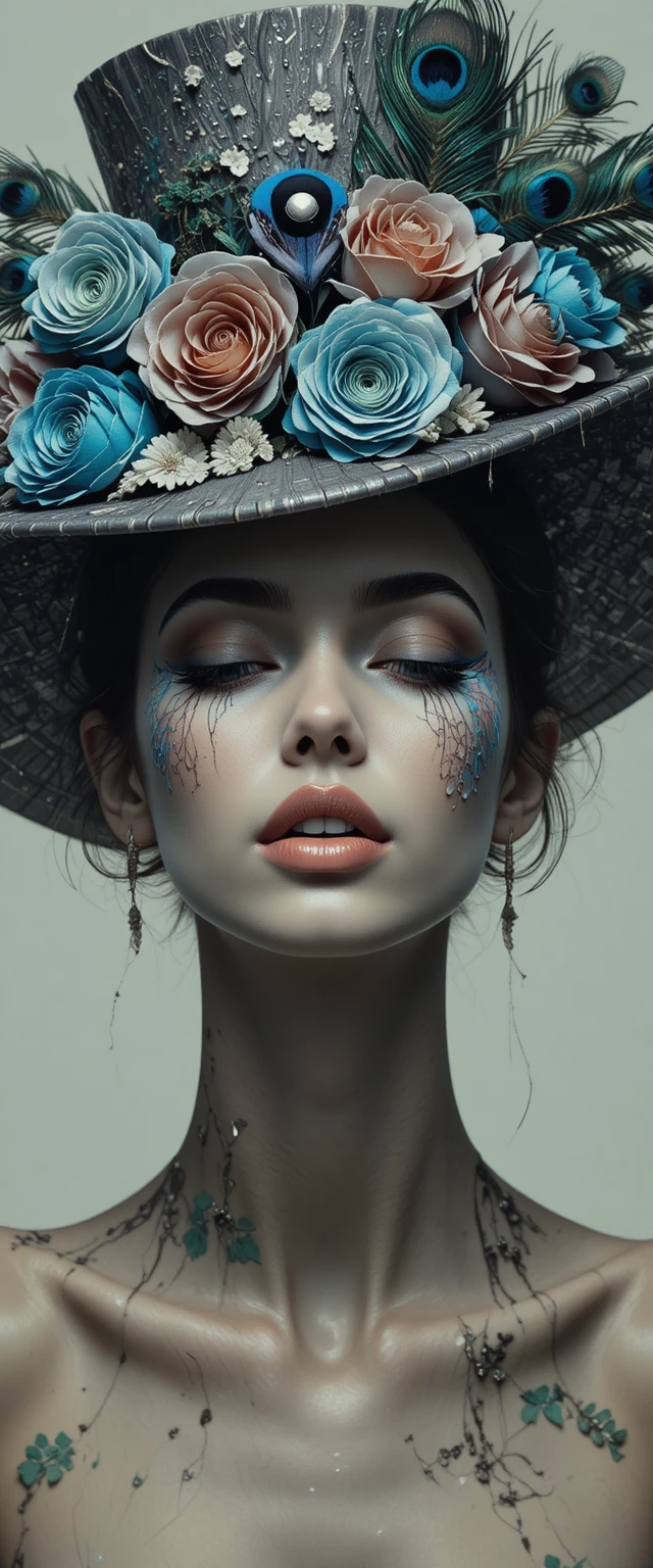 Surreal concept art of a woman in a peacock rose hat