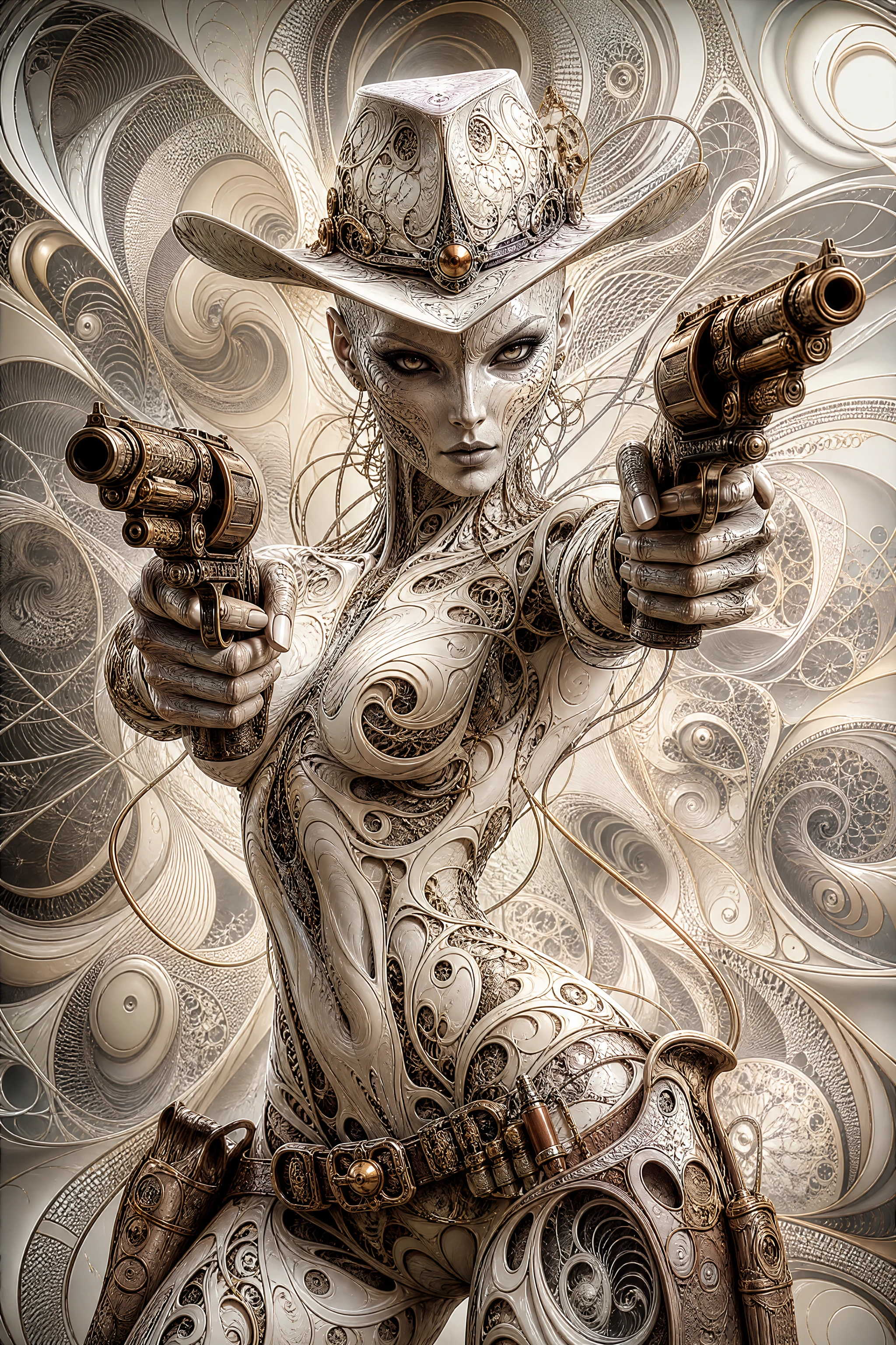 Futuristic fractal cowgirl warrior with dual pistols