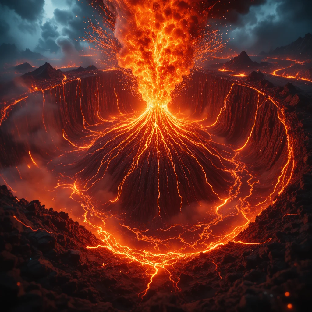 FpV dive into erupting volcanic caldera with lava fountains