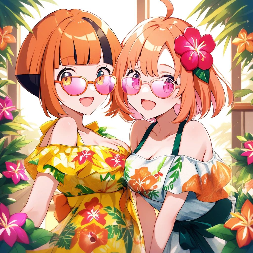 Anime girls in floral dress and pink sunglasses indoors