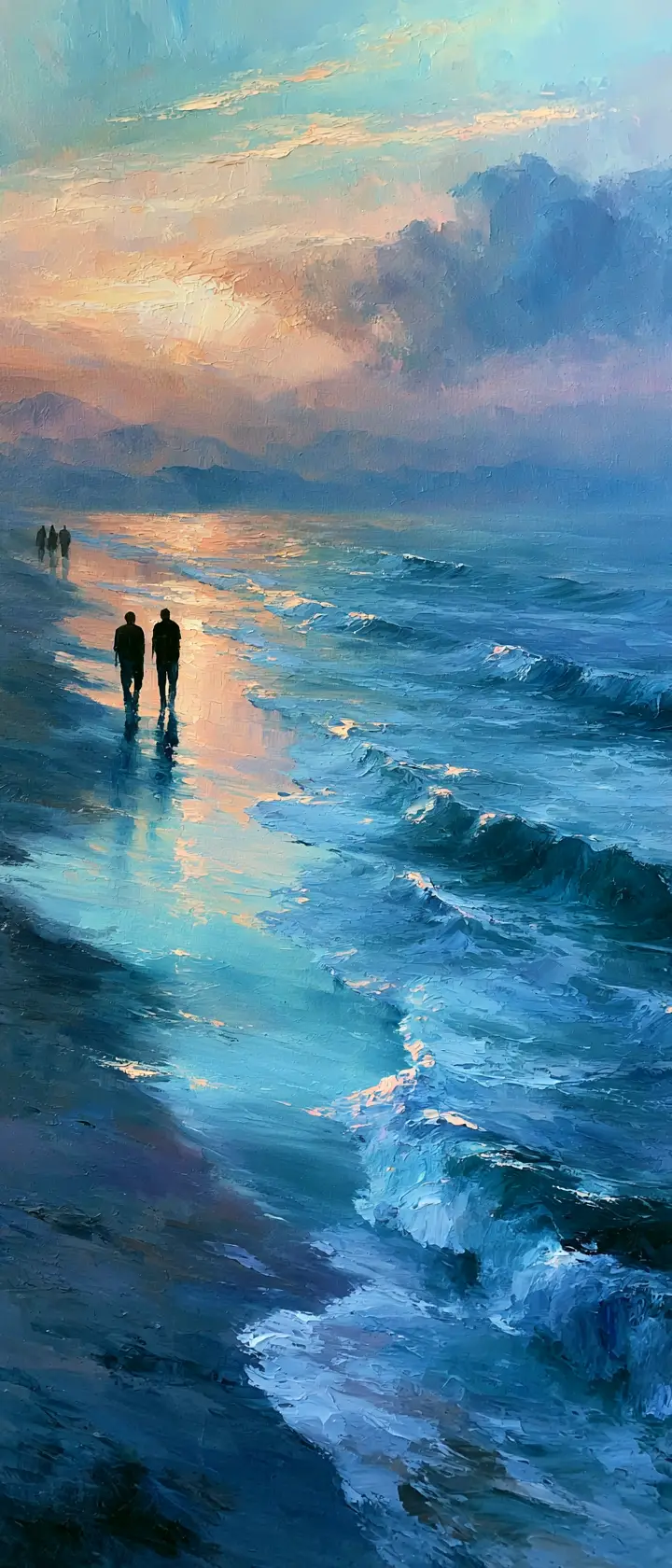 Paysage de Plage Côtière Serein au Crépuscule en Doux Style Huile