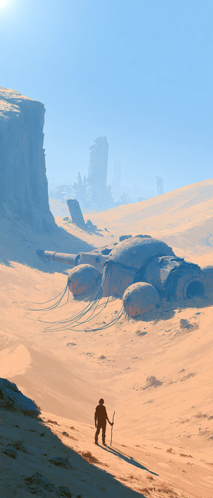 Rovine Fantasy nel Deserto con Macchina da Guerra Sepolta all'Alba