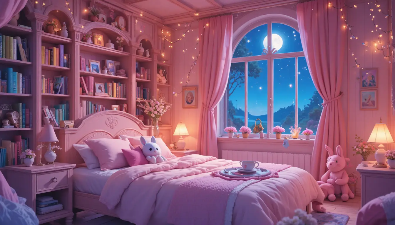 Accogliente cameretta in stile anime con soffusa luce rosa per la buonanotte