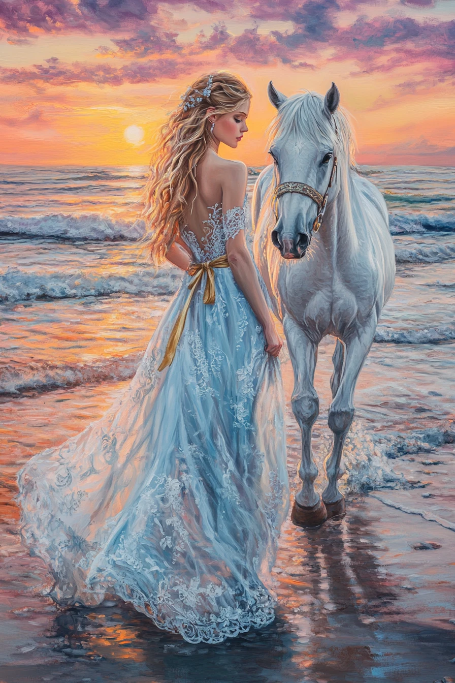 Donna che cammina con un cavallo lungo una spiaggia dorata al tramonto