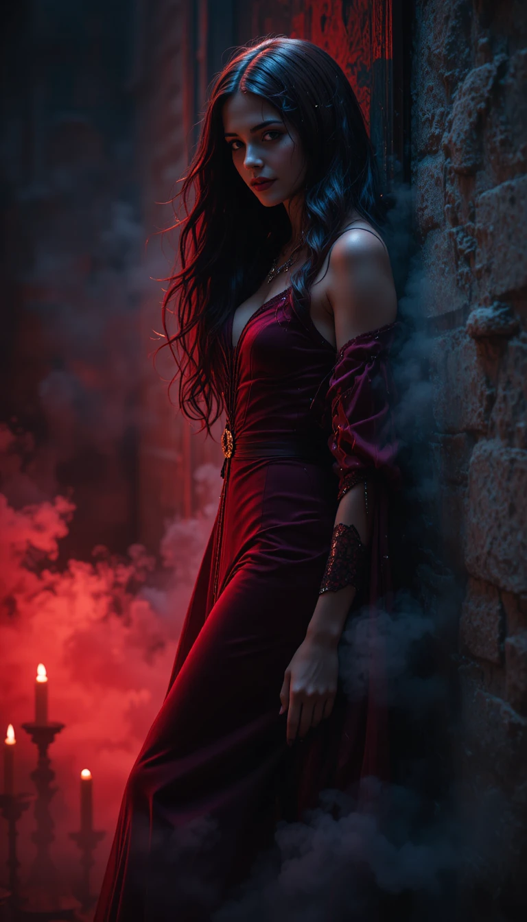 Enchanteresse sombre en robe cramoisie devant un mur ombragé