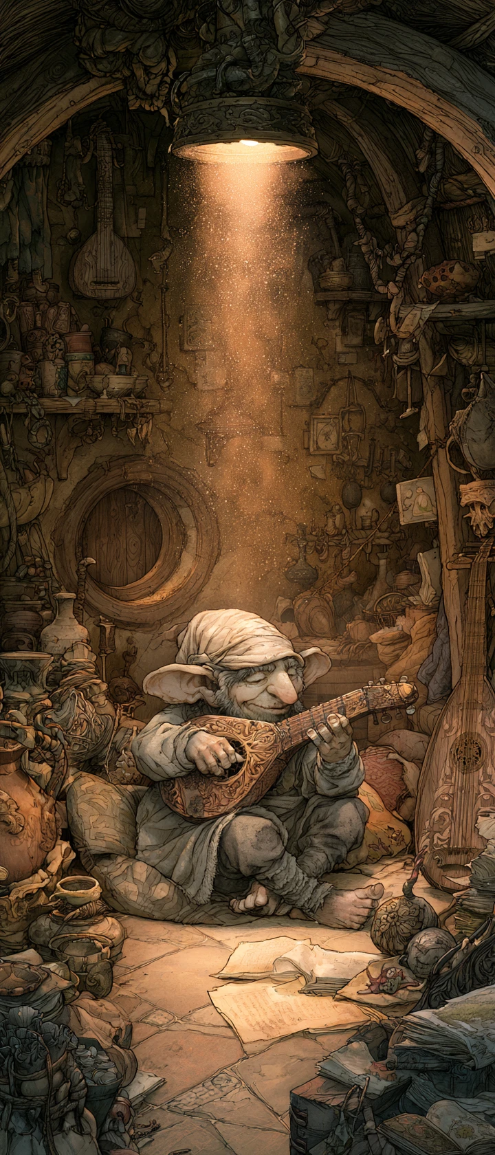 Criatura fantástica travessa tocando alaúde em uma casa de hobbit