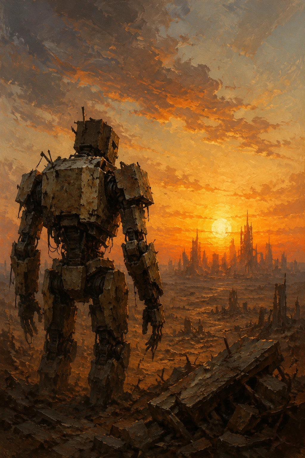 Golem observando uma cidade distante em um ermo arruinado ao amanhecer