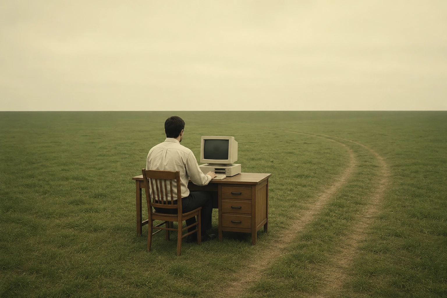 Homme solitaire à un bureau dans un vaste champ herbeux