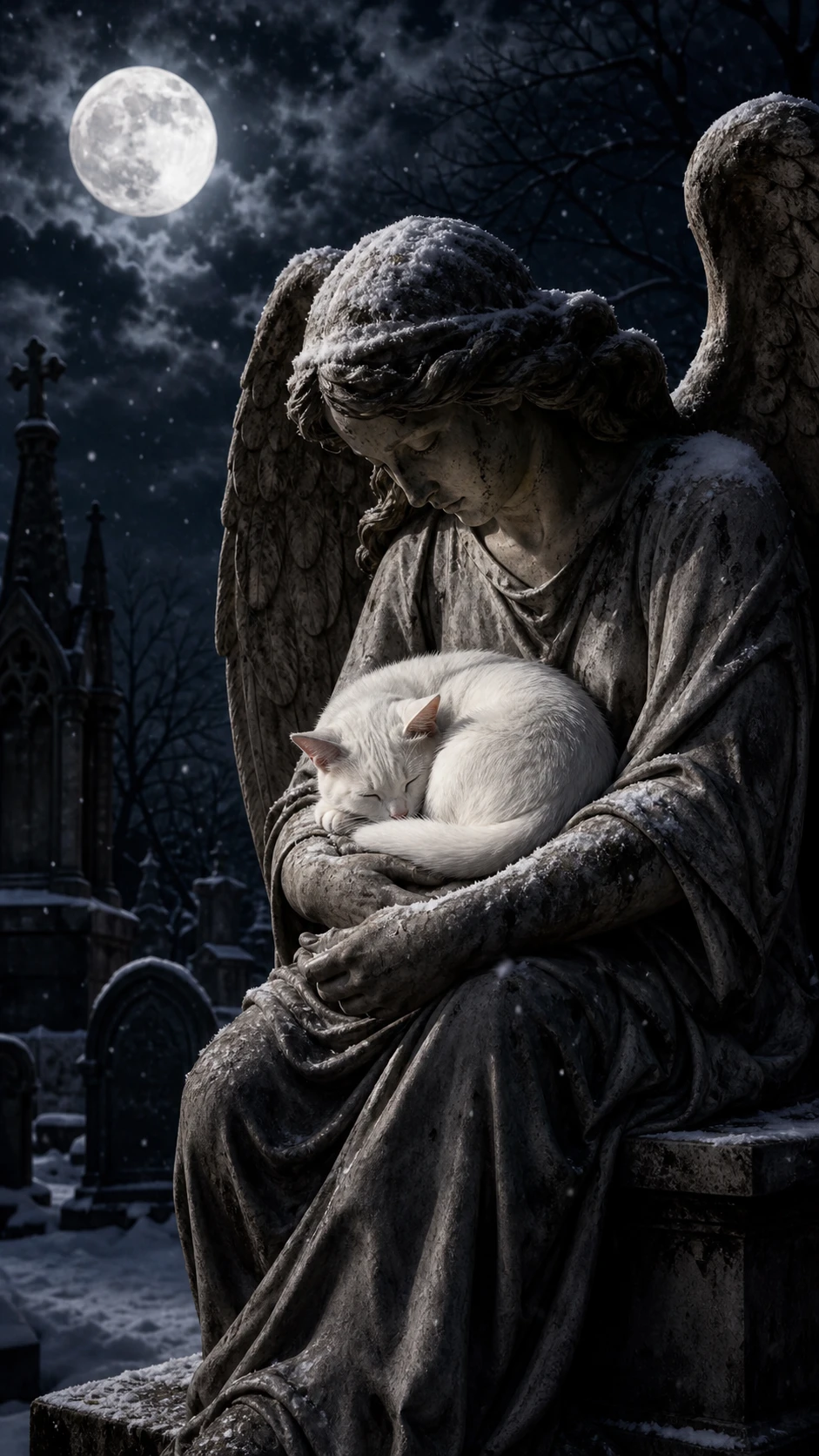 Estátua de anjo gótico segurando um gato branco adormecido