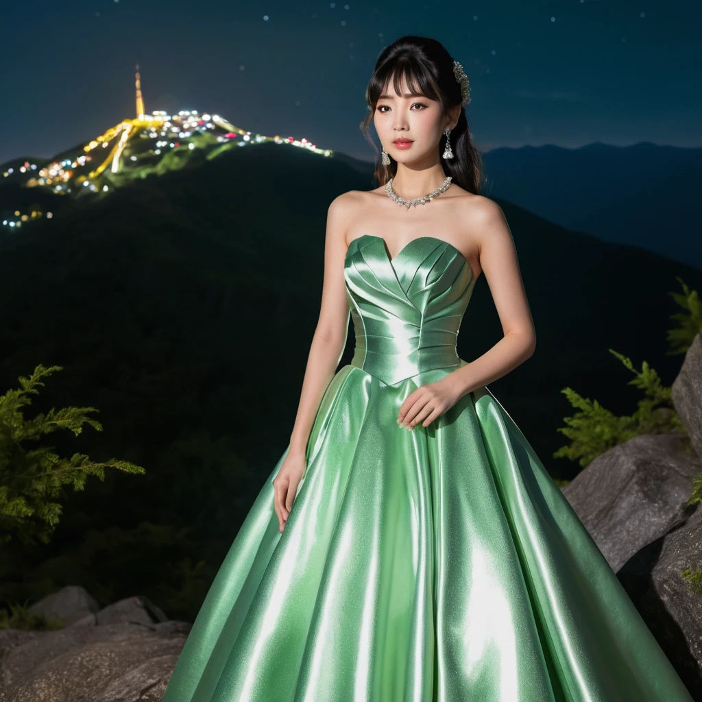 Garota japonesa elegante com vestido de cetim verde à noite