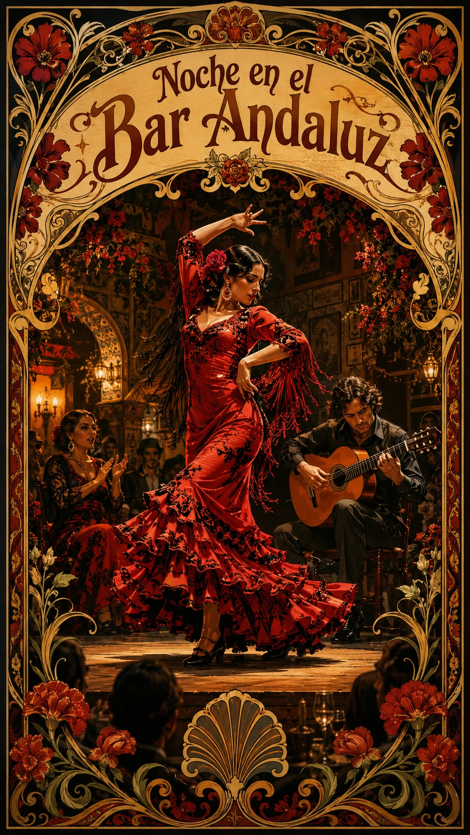 Flamenco dancer on stage in lively andalusian bar