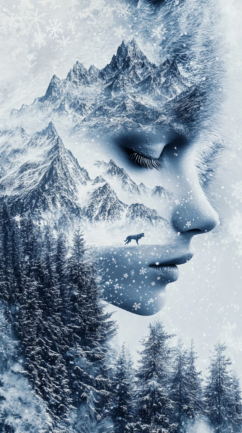Pelo de Lobo Transformando-se em Neve em um Retrato Surreal de Montanha