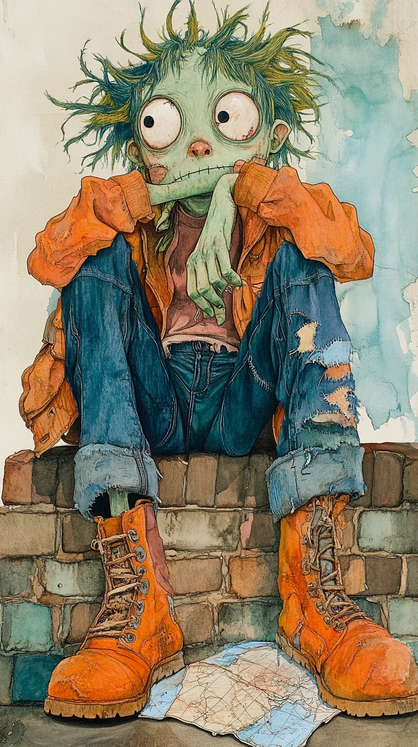 Pensive Green Fantasy Creature Sitting On A Brick Wall