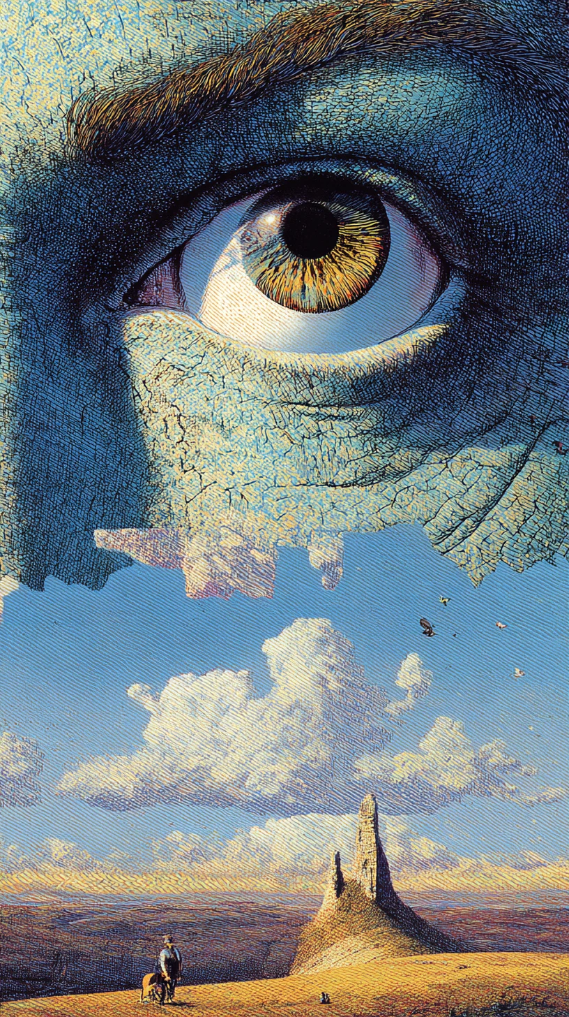 Scène de fantasy surréaliste vue de dessus en couleurs vives