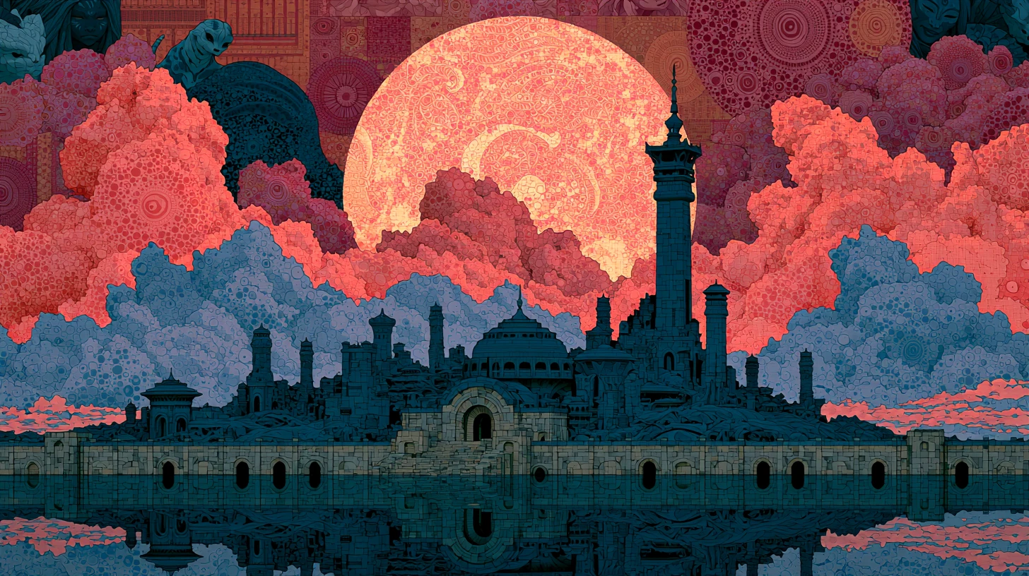 Città futuristica surreale di Atlantide con molte culture e specie
