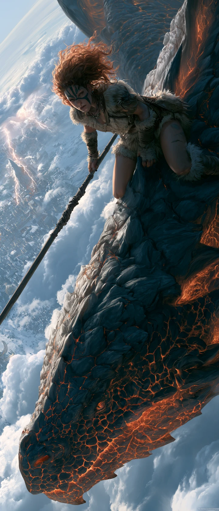 Dragon rider woman diving over a stormy kingdom