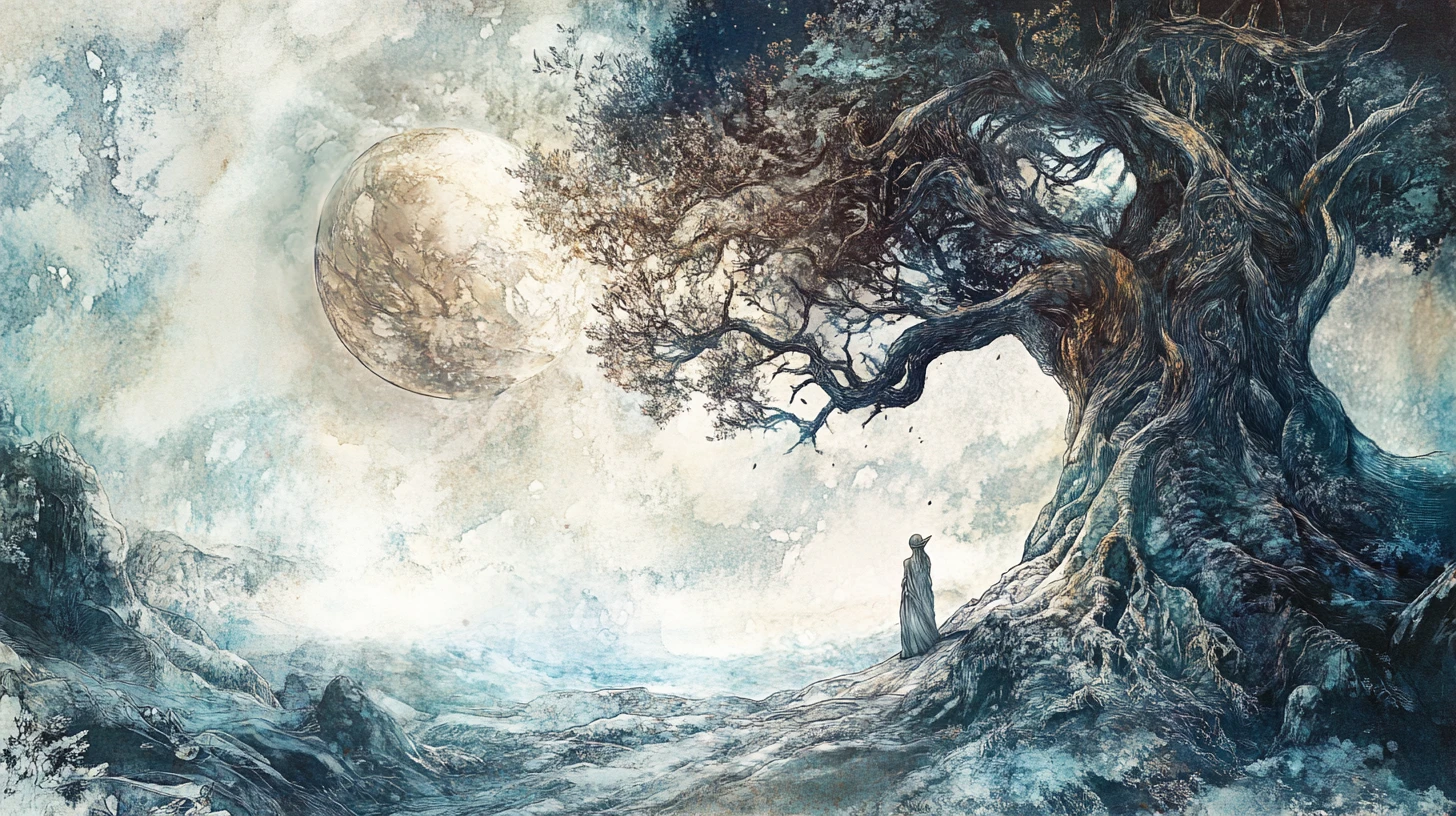 Elfo tra un antico albero in un mondo onirico di mixed media