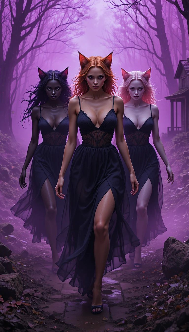 Trois femmes-chats humanoïdes marchant sur un sentier de forêt sombre