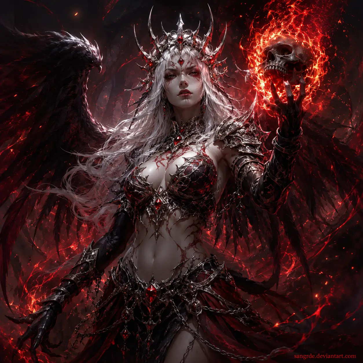 Demonic winged warrior holding a flaming skull