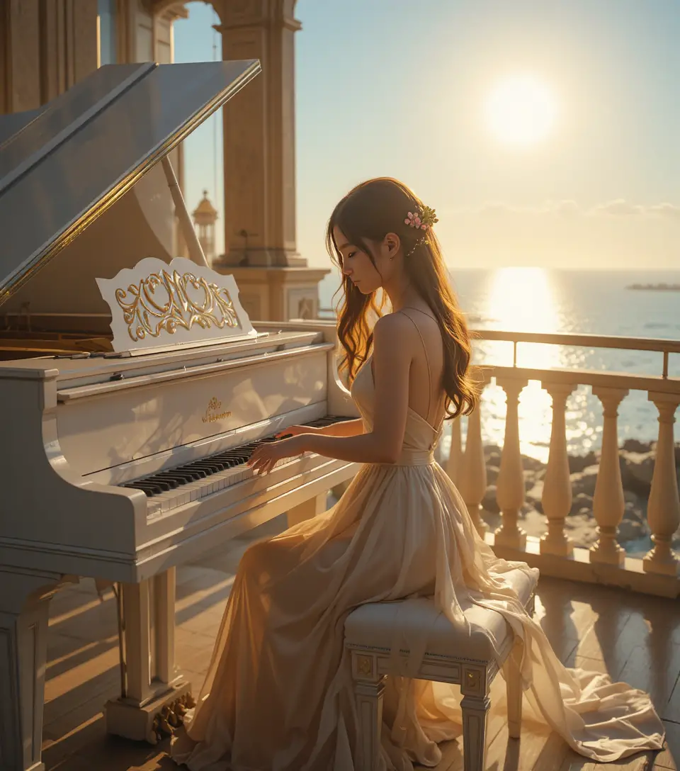 Anime girl playing white grand piano at golden hour terrace