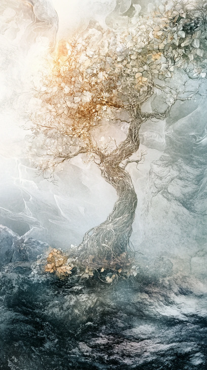 Antico albero luminoso con un elfo solitario in una foresta fantasy
