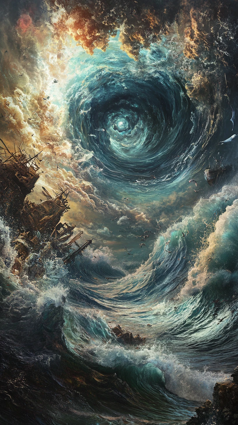 Figuras entrando em misteriosas ondas do oceano para o batismo