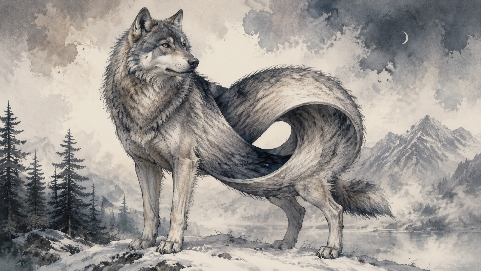 Lobo majestoso se transformando sutilmente em uma forma de Möbius