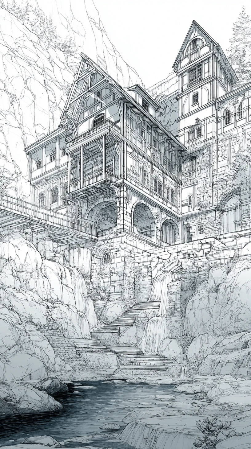 Fantasy cliffside house from exterior to interior perspective