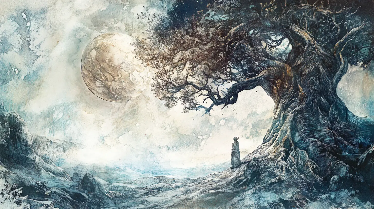 Elfe au cœur d’un arbre ancestral dans un monde onirique en mixed media