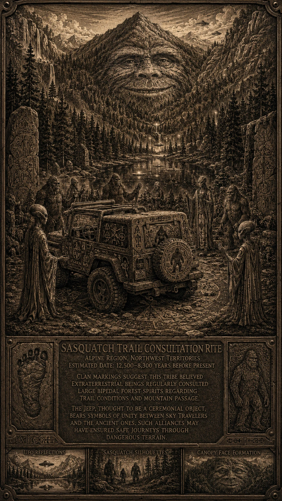 Jeep fossilizzata in una foresta alpina mistica – incisione