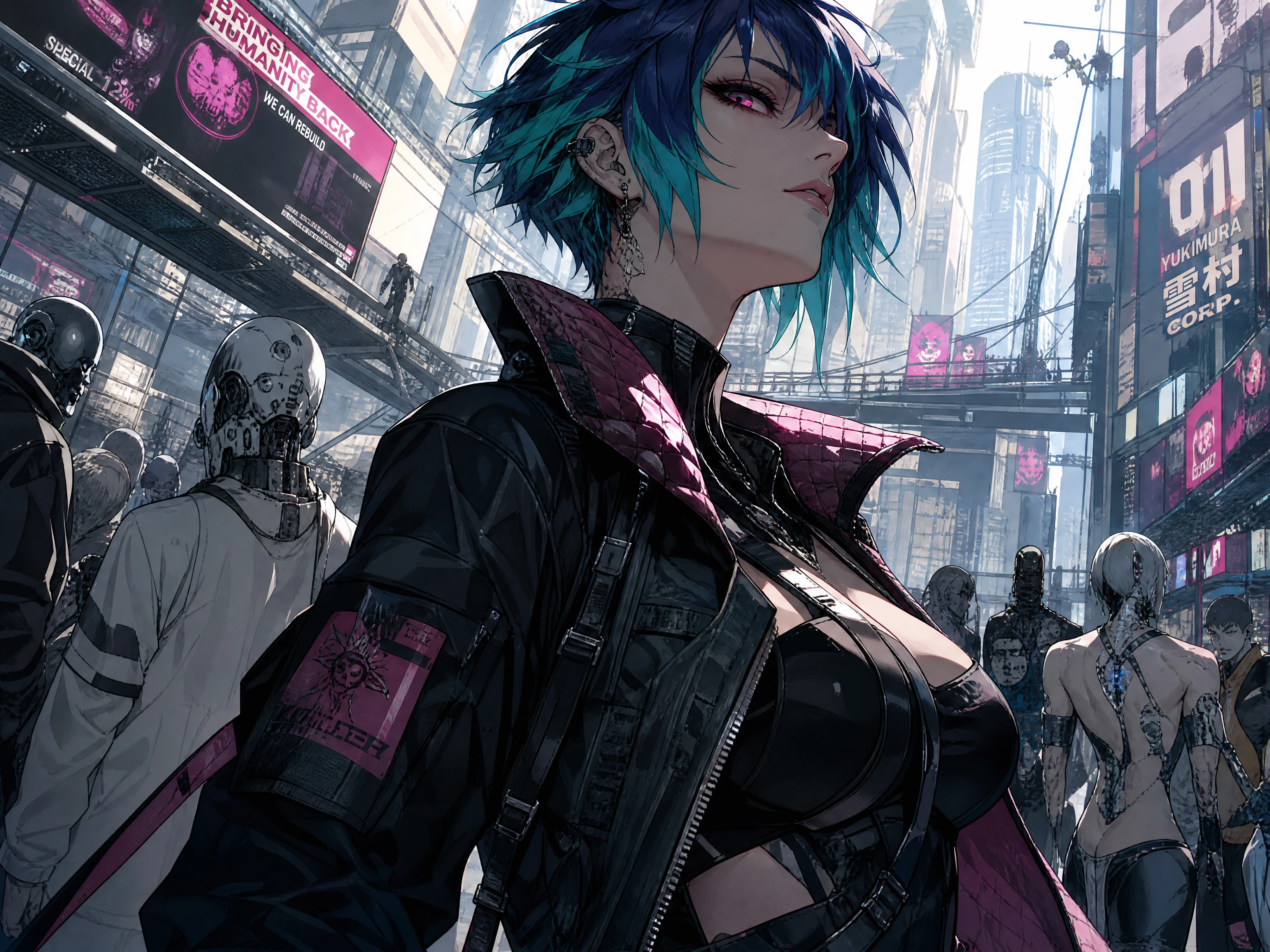 Mulher cyberpunk confiante em uma rua de cidade futurista