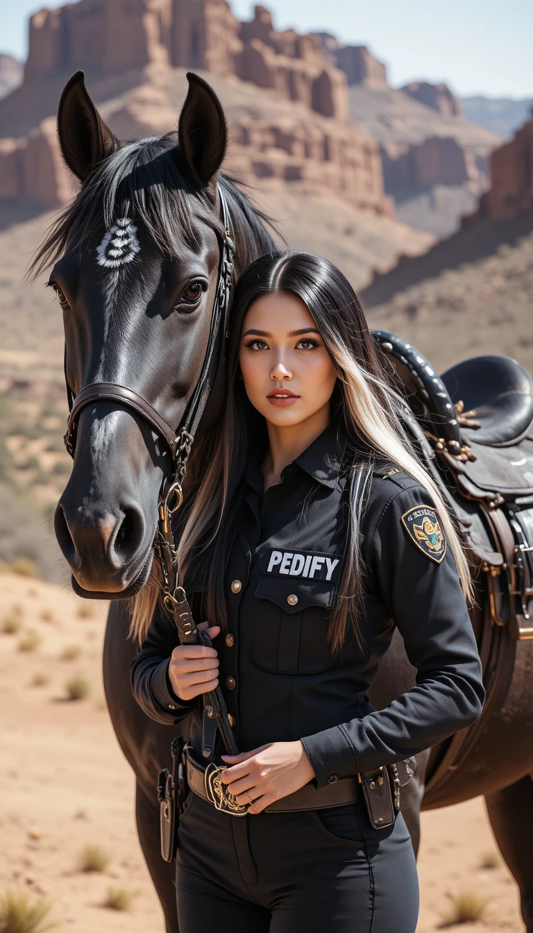 Woman deputy with black horse in desert canyon