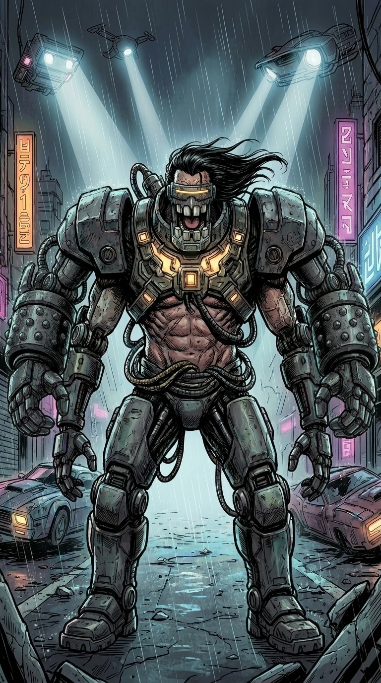 Vilão ciborgue colossal enfurecido em rua de cidade futurista