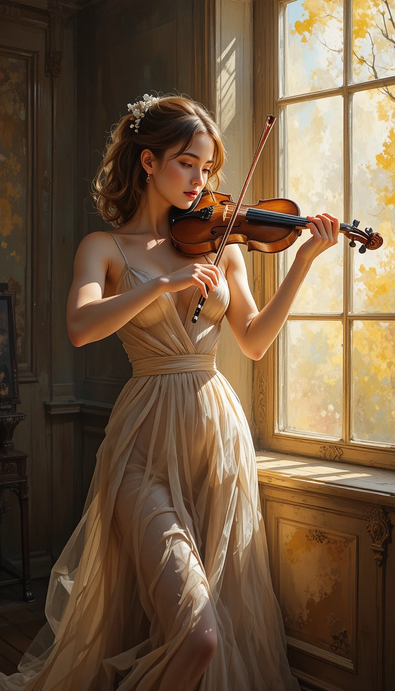 Mulher elegante tocando violino junto a uma janela suavemente iluminada