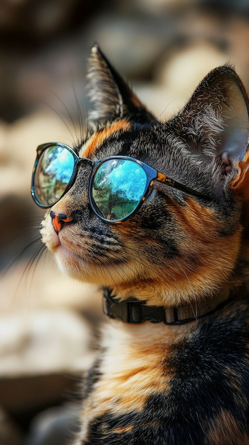 Gato fofo cor de âmbar com olhos azuis usando óculos de sol