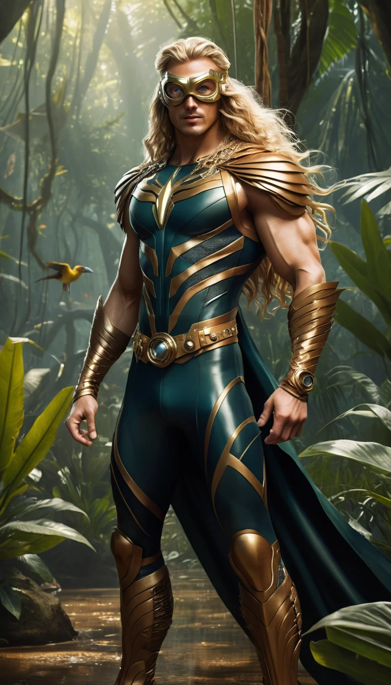 Super-herói masculino emplumado flutuando na floresta tropical