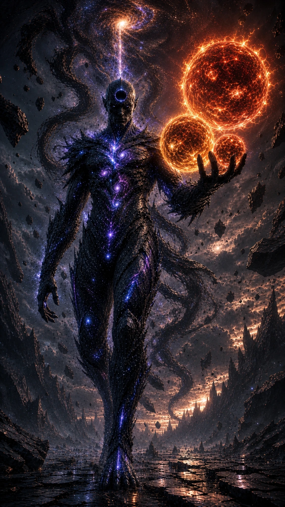 Kosmischer Riese, der durch eine zertrümmerte außerirdische Ödnis schreitet