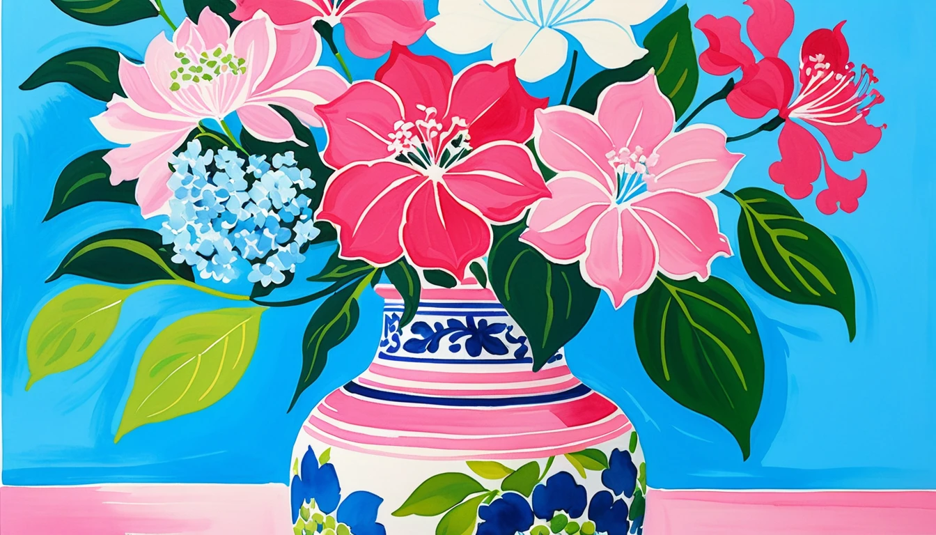 Jarrón chinoiserie en gouache con hortensias en colores vibrantes